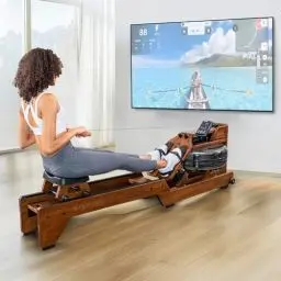 Produktbild: TOPIOM Rudergerät für Zuhause, Wasser Rudergerät aus Massivholz mit Bluetooth Display, TM3-Fernmonitor und Bluetooth-Verbindung, Verstellbarem Fußpolster, Höherlegen Sitz, 226kg Belastbar
