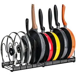 Produktbild: Toplife Topfhalter aus Metall mit 10 verstellbaren Fächern, perfekt für Küchenutensilien, Pfannen, Töpfe, Deckel (schwarz)