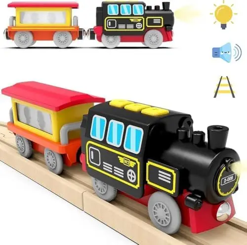 Produktbild: Batteriebetriebenes Lokomotivzug-Set für Holzschienen, Leistungsstarke Lokomotivzugfahrzeuge, Kleinkinderzug Elektrofahrzeuge mit Lichtern und Geräuschen, Kompatibel mit Thomas, Brio, Chuggington