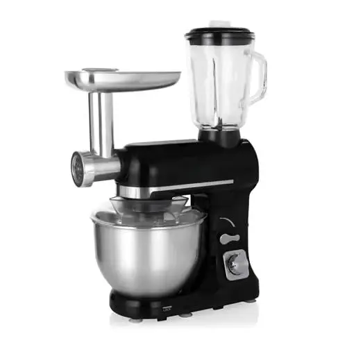 Produktbild: Topmatic Küchenmaschine 5 Liter mit Zubehör - 1800 W - Teigknetmaschine, Zerkleinerer, Fleischwolf, Universal Multifunktions Küchenmaschine, Standmixer, Edelstahl, Rührgerät, PKM-1800.1BG, Schwarz