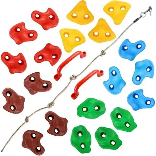 Produktbild: TOPNEW 20 Stück Klettergriffe Kinder Klettersteine Kinder Kletterwand Griffe Kommt mit 2 Rot Haltegriffe, Knotenseil für Kinder, Befestigungsmaterial für Spielturm und Kletterwand Kinderzimmer