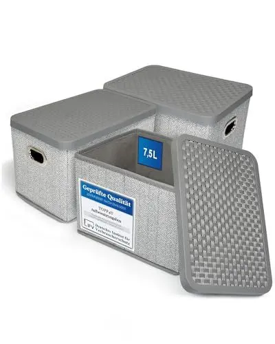 Produktbild: TOPP4u 3x kleine Aufbewahrungs-Box mit Deckel, 26x17x17 cm, Stoffbox, Boxen mit Deckel Aufbewahrung, faltbare Ordnungskisten, Organizer Box, Korb Aufbewahrung, Faltbox, grau-beige
