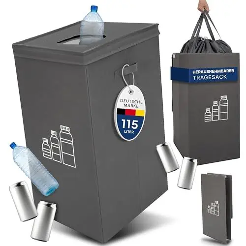 Produktbild: TOPP4u Flaschensammler Leergut 115 L - Pfandflaschen Sammelbehälter - Flaschen Organizer - Pfandbehälter - integrierte Tragetasche - grau