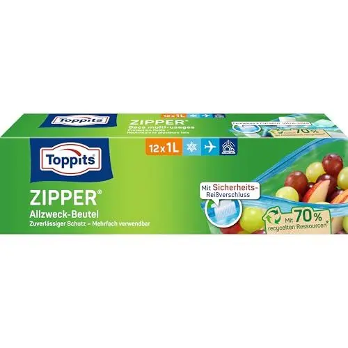 Produktbild: Toppits Zipper Allzweck-Beutel, reißfeste Spezialfolie, wiederverwendbar, transparent, Füllvolumen 1 Liter, 1 x 12 Stück