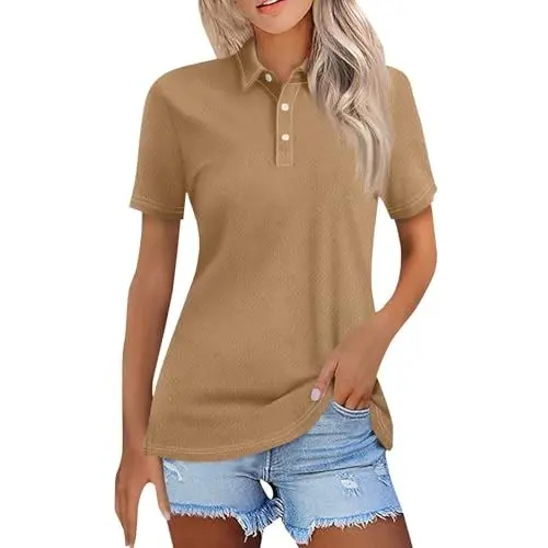 Produktbild: Tops Damen Polo Shirt Für Frauen Button Up Kragen Kurzarm-Shirt V Hals Solide Farbe Tops Premium Polo Classic Cotton T Shirts Braun 3XL