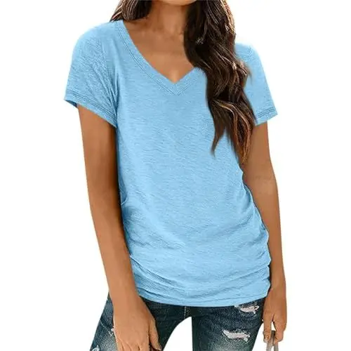 Produktbild: Tops Damene Schlichtee Sommer V-Neck Hemder Kurzarm Classic Tunikas Tøp Damens Weiche Zu Hause Lockere Dünnes