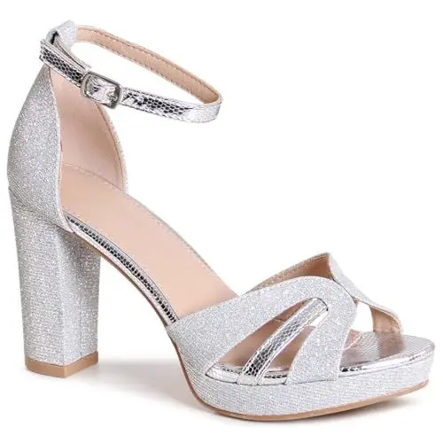 Produktbild: topschuhe24 3108 Damen Glitzer Riemchen Sandaletten Plateau, Farbe:Silber, Größe:36 EU