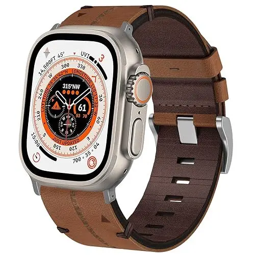 Produktbild: Leder Armband Apple Watch Ultra 49mm, Weiches Echtleder Ersatzarmband iWatch Armbänder für Apple Watch SE, iWatch Ultra 2 Ultra Series 9 8 7 6 5 4 3 2 1 Damen Herren