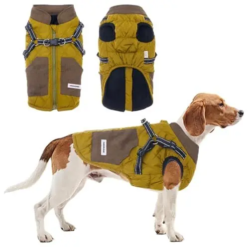 Produktbild: TOPSOSO Hundejacke Hundemantel mit Geschirr und Taschen Hundejacke Winterweste Reißverschluss Reflektierenden Streifen Doppel-D-Ring Hundeweste Mode Patchwork Hundejacke Kleine Hunde(Senfgrün L)