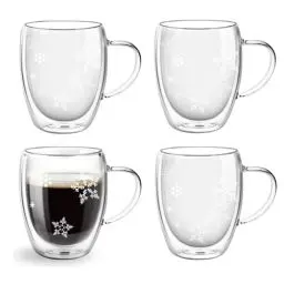 Produktbild: Top-spring 4 x 350 ml doppelwandige Glas-Kaffeetassen, Geschenk für Weihnachten, Damen und Herren, isolierte Latte-Gläser, Tasse, Teetassen, hitzebeständig, Cappuccino-Espressotasse (Schneeflocken)