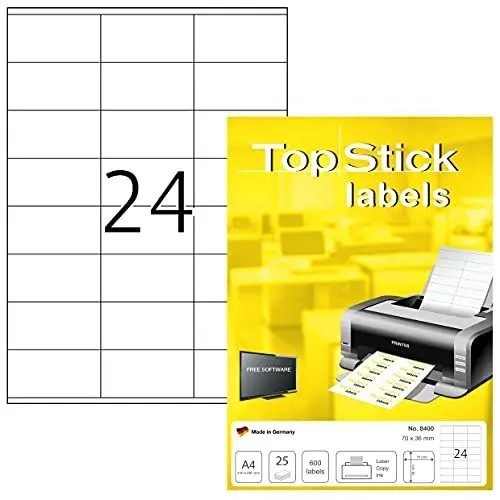 Produktbild: TopStick 8400 Adressetiketten, 25 Blatt, 70 x 36 mm, 24 pro A4 Bogen, 600 Stück, selbstklebend, bedruckbar, matt, blanko Papier Adressaufkleber Etiketten, weiß