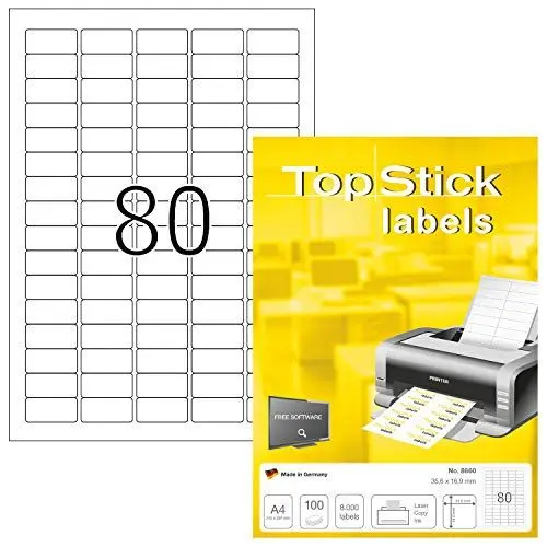 Produktbild: TopStick 8660 Universal Etiketten, 100 Blatt, 35,6 x 16,9 mm, 80 pro A4 Bogen, 8000 Stück, selbstklebend, bedruckbar, matt, blanko Papier Klebeetiketten Aufkleber, weiß