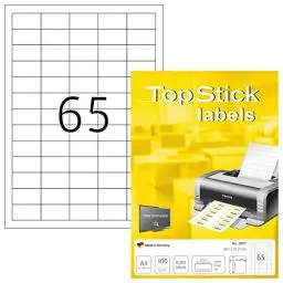Produktbild: TopStick 8697 Universal Etiketten, 100 Blatt, 38,1 x 21,2 mm, 65 pro A4 Bogen, 6500 Stück, selbstklebend, bedruckbar, matt, blanko Papier Klebeetiketten Aufkleber, weiß