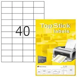 Produktbild: TopStick 8698 Universal Etiketten, 100 Blatt, 52,5 x 29,7 mm, 40 pro A4 Bogen, 4000 Stück, selbstklebend, bedruckbar, matt, blanko Papier Klebeetiketten Aufkleber, weiß