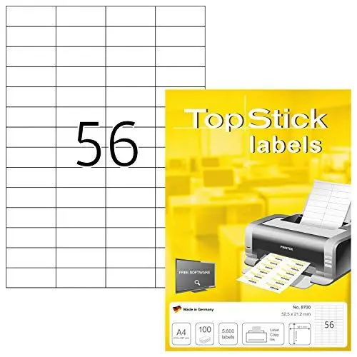 Produktbild: TopStick 8700 Universal Etiketten, 100 Blatt, 52,5 x 21,2 mm, 56 pro A4 Bogen, 5600 Stück, selbstklebend, bedruckbar, matt, blanko Papier Klebeetiketten Aufkleber, weiß