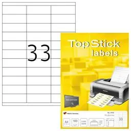 Produktbild: TopStick 8702 Universal Etiketten, 100 Blatt, 70 x 25,4 mm, 33 pro A4 Bogen, 3300 Stück, selbstklebend, bedruckbar, matt, blanko Papier Klebeetiketten Aufkleber, weiß