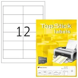 Produktbild: TopStick 8711 Universal Etiketten, 100 Blatt, 97 x 42,3 mm, 12 pro A4 Bogen, 1200 Stück, selbstklebend, bedruckbar, matt, blanko Papier Klebeetiketten Aufkleber, weiß