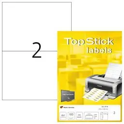 Produktbild: TopStick 8718 Universal Etiketten, 100 Blatt, 210 x 148 mm, 2 pro A4 Bogen, 200 Stück, selbstklebend, bedruckbar, matt, blanko Papier Klebeetiketten Aufkleber, weiß