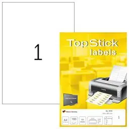 Produktbild: TopStick 8720 Universal Etiketten, 100 Blatt, 210 x 297 mm, 1 pro A4 Bogen, 100 Stück, selbstklebend, bedruckbar, matt, blanko Papier Klebeetiketten Aufkleber, weiß