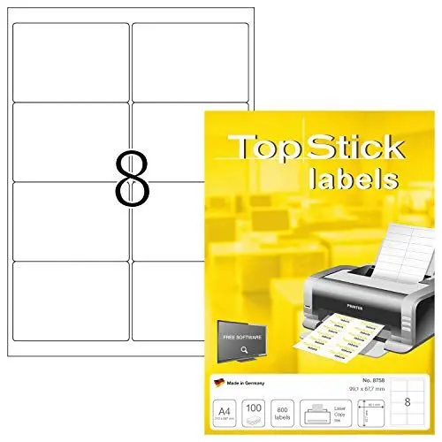 Produktbild: TopStick 8758 Adressetiketten, 1000 Blatt, 99,1 x 67,7 mm, 8 pro A4 Bogen, 8000 Stück, selbstklebend, bedruckbar, matt, blanko Papier Adressaufkleber Etiketten, weiß