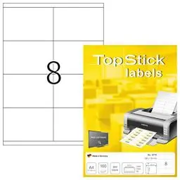 Produktbild: TopStick 8770 Universal Etiketten, 100 Blatt, 105 x 70 mm, 8 pro A4 Bogen, 800 Stück, selbstklebend, bedruckbar, matt, blanko Papier Klebeetiketten Aufkleber, weiß