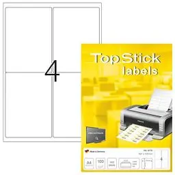 Produktbild: TopStick 8775 Universal Etiketten, 100 Blatt, 99,1 x 139 mm, 4 pro A4 Bogen, 400 Stück, selbstklebend, bedruckbar, matt, blanko Papier Klebeetiketten Aufkleber, weiß