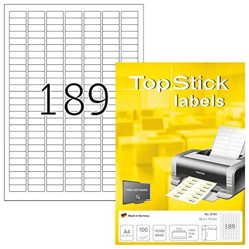 Produktbild: TopStick 8780 Universal Etiketten, 100 Blatt, 25,4 x 10 mm, 189 pro A4 Bogen, 18900 Stück, selbstklebend, bedruckbar, matt, blanko Papier Klebeetiketten Aufkleber, weiß