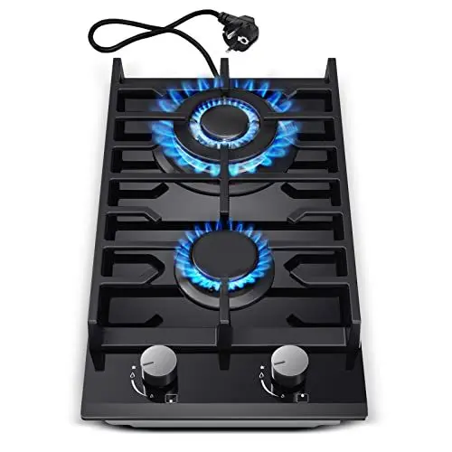 Produktbild: TopStrong Gaskochfeld 2 Flammig, 30cm Gehärtetes Glas-Gaskochfeld, Einbau Gaskochfeld mit Gusseisernen Stützen, Erdgas/Propangas Konvertierbar, Flammenschutz, 5200W, Schwarzes