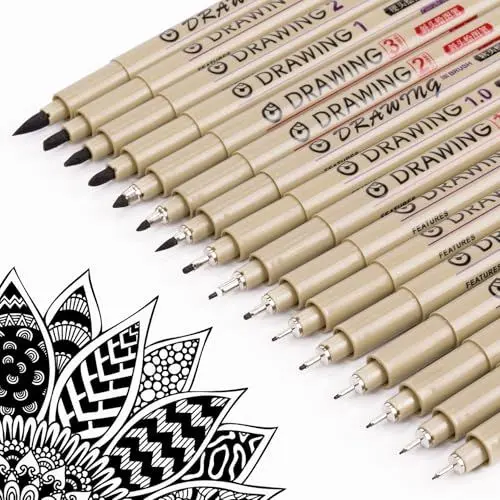 Produktbild: Toptime Fineliner Set, 16 Stück Fineliner Schwarz Stift für Künstler, Wasserfeste Filzstifte mit 16 Verschiedene Linienbreiten, Tuschestifte Pigment Liner für Illustration, Skizzen, Bullet Journaling