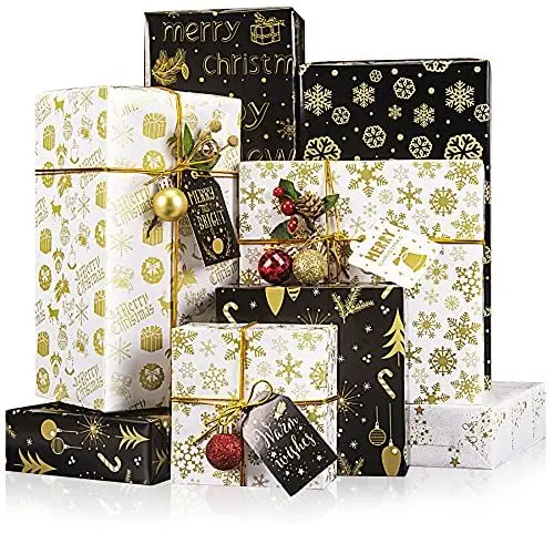Produktbild: Toptime Geschenkpapier Weihnachten, 8 Blatt Schwarz Weiß Geschenkpapier mit Aufkleber, Weihnachtspapier mit Schneeflocken und Geschenkboxmuster, Geschenkverpackungen für Neujahr, Partys, 70x50cm