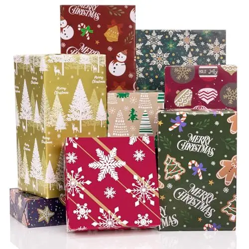 Produktbild: Toptime Geschenkpapier Weihnachten, 8 Blatt Weihnachtspapier mit Weihnachtsbäumen, Schneeflocken und Glocken, Niedliche Bunte Weihnachtsgeschenkpapier Geschenkverpackung für Neujahr, Partys, 70x50cm