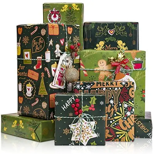 Produktbild: Toptime Geschenkpapier Weihnachten Set, 6 Blatt Grünes Geschenkpapier mit 6 Geschenkanhänger, Aufkleber und Packseil, Glitzer Weihnachtspapier mit Lebkuchenmann- und Engelsmotiven, 50 x 70 CM