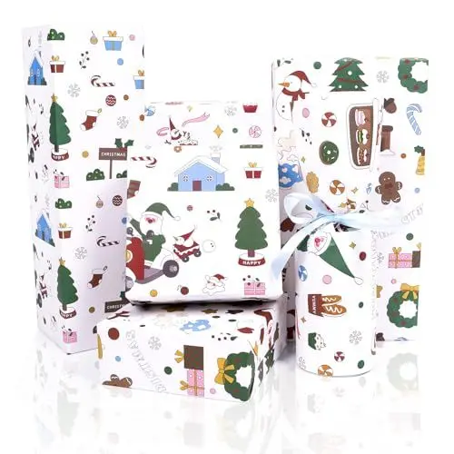 Produktbild: Toptime Geschenkpapier Weihnachten, Weiß Kraftpapier Weihnachten mit Weihnachtsmann Weihnachtsbaum Lebkuchenmann, 6 Blatt Niedliches Weihnachtspapier für Kinder, Geschenkpapier für Neujahr, 70x50cm
