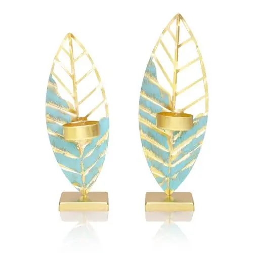 Produktbild: Toptime Teelichthalter 2er Set, Metall Kerzenständer Gold für Tischdeko, Romantischer Kerzenhalter mit Blattform, Kerzenleuchter in Verschiedenen Größen, Windlicht für Wohnzimmer Deko Modern