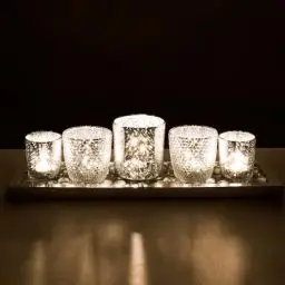 Produktbild: Toptime Teelichthalter Set, 5 Stück Kerzenhalter Glas mit Tablett und Glasstein, Romantische Silberne Teelichtgläser für Tischdeko, Windlicht Glas für Weihnachten, Hochzeit, Urlaub Dekoration