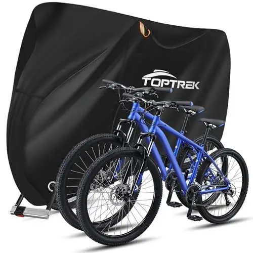 Produktbild: toptrek Fahrradabdeckung für 2 Fahrräder 210D mit Nahtband Oxford-Gewebe Wasserdicht Hochwertige Fahrradgarage Outdoor 210 x 110 x 95 cm Reißfestigkeit Sonnenschutz Fahrrad Schutzhülle mit Beutel