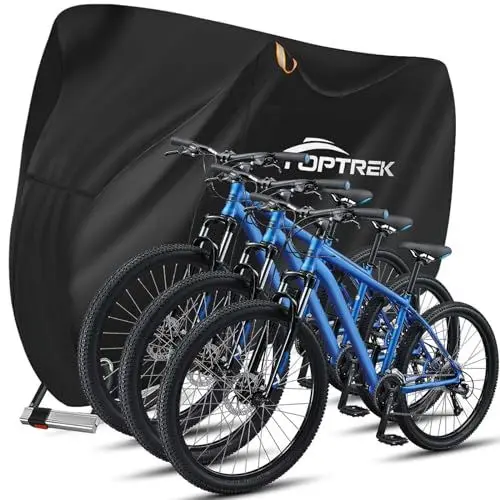 Produktbild: toptrek Fahrradabdeckung für 3 Fahrräder 210D mit Nahtband Oxford-Gewebe Wasserdicht Hochwertige Fahrradgarage Outdoor 220 x 120 x 110 cm Reißfestigkeit Sonnenschutz Fahrrad Schutzhülle mit Beutel