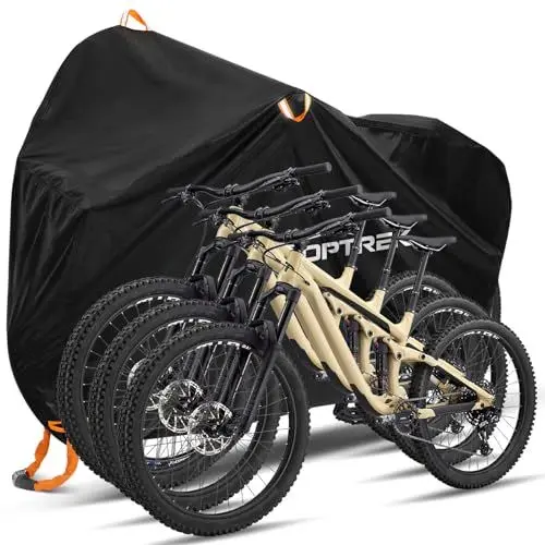 Produktbild: toptrek Fahrradabdeckung für 3 Fahrräder Wasserdicht 210D Oxford-Gewebe Fahrradgarage Outdoor 220 x 120 x 110 cm Hochwertige Fahrrad Abdeckplane mit Schlossösen Sonnenschutz Reißfestigkeit mit Beutel