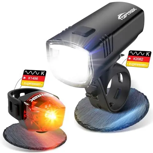 Produktbild: toptrek Fahrradlicht Set 70 LUX | StVZO Zugelassen Fahrrad Licht | Fahrradlampe Vorne und Rücklicht Fahrrad IPX5 | Fahrrad Licht Set USB Aufladbar | Fahrradbeleuchtung Batterie (Dunkelschwarz)
