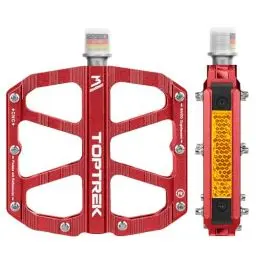 Produktbild: toptrek Fahrradpedale Rot mit StVZO Zugelassen Reflektoren, CNC Aluminium Pedale Fahrrad MTB Pedale rutschfest mit 3 Abgedichtete Lager für Mountainbike, BMX, E-Bike, Rennrad