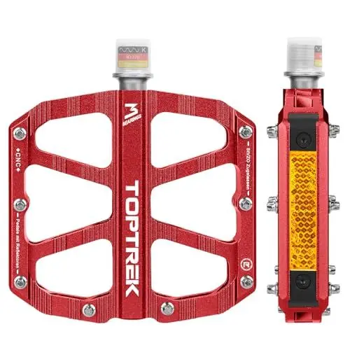 Produktbild: toptrek Fahrradpedale Rot mit StVZO Zugelassen Reflektoren, CNC Aluminium Pedale Fahrrad MTB Pedale rutschfest mit 3 Abgedichtete Lager für Mountainbike, BMX, E-Bike, Rennrad
