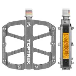 Produktbild: toptrek Fahrradpedale Silber mit StVZO Zugelassen Reflektoren, CNC Aluminium Pedale Fahrrad MTB Pedale rutschfest mit 3 Abgedichtete Lager für Mountainbike, BMX, E-Bike, Rennrad