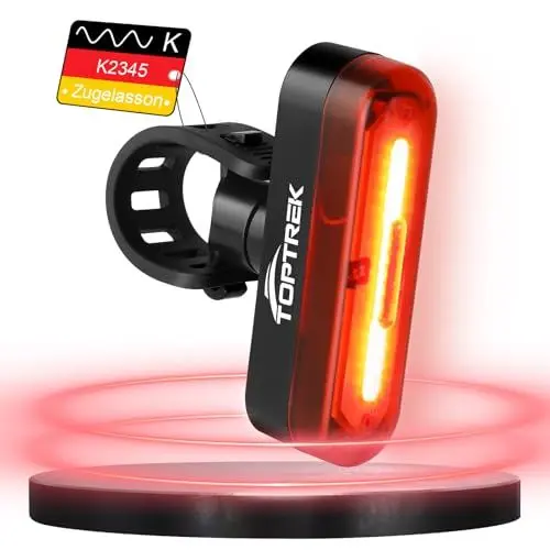 Produktbild: toptrek Rücklicht Fahrrad Sichtweite 200 Metern | Bike Rear Light Led StVZO Zugelassenes | Fahrrad Rücklicht USB-C Aufladbar Batterie | Fahrradlicht Hinten IPX5 Wasserdicht für Rennrad, MTB, E-Bike