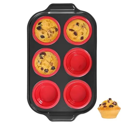 Produktbild: Toptrend Muffinform Silikon mit Metallrahmen, Muffin Backblech 31 x 18 cm, beschichtet, Standardgröße, Cupcake Formen, Muffinblech für 6 Muffins, Rot