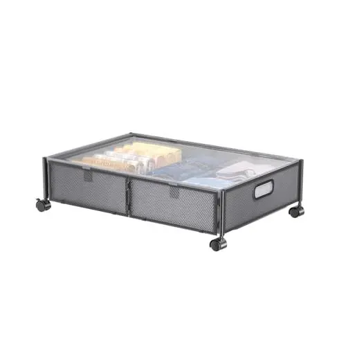 Produktbild: TOPWE Unter Bett Lagerung mit Rädern Staubbeutel, Faltbar Unter dem Bett Kleidung Aufbewahrungsorganiser mit Vollständig Transparentem Deckel, Unterbett Rolling Metal Box, Box, 59 * 40 * 16 cm