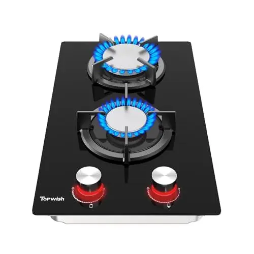 Produktbild: TOPWISH Gaskochfeld 30cm,Gaskochfeld 2 Flammig,Gaskochfeld mit rote beleuchteter Drehknopf,Eingebau Gaskocher mit Gusseisernen Stützen,NG/LPG Konvertierbar,Automatischer Thermoelementschutz, 4750 W
