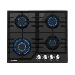 Produktbild: TOPWISH Gaskochfeld 4 Flammig mit Sabaf-Brenner, 60cm Schwarzes Gehärtetes Glas-Gaskochfeld, Eingebautes Gaskochfeld mit Gusseisernen Stützen, NG/LPG Konvertierbar