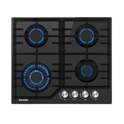 Produktbild: TOPWISH Gaskochfeld 4 Flammig mit Sabaf-Brenner, 60cm Schwarzes Gehärtetes Glas-Gaskochfeld, Eingebautes Gaskochfeld mit Gusseisernen Stützen, NG/LPG Konvertierbar