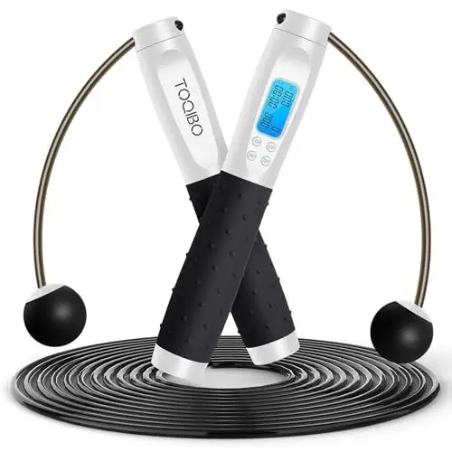 Produktbild: Springseil Sport, kabellos, mit Zähler, Jump Rope verstellbar mit digitalem Kilometer und Zähler, Kugellager aus Stahl (Schwarz + Weiß)