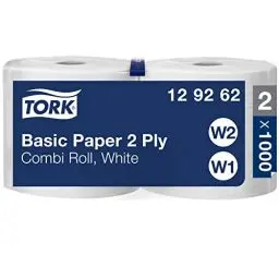 Produktbild: Tork 129262 Standard Papierwischtücher für W1 Bodenständer- und Wandhalter-System & W2 Innenabrollung Maxi System / 2-lagige, stabile Papiertücher in Weiß / Universal Qualität / 2 x 340 m